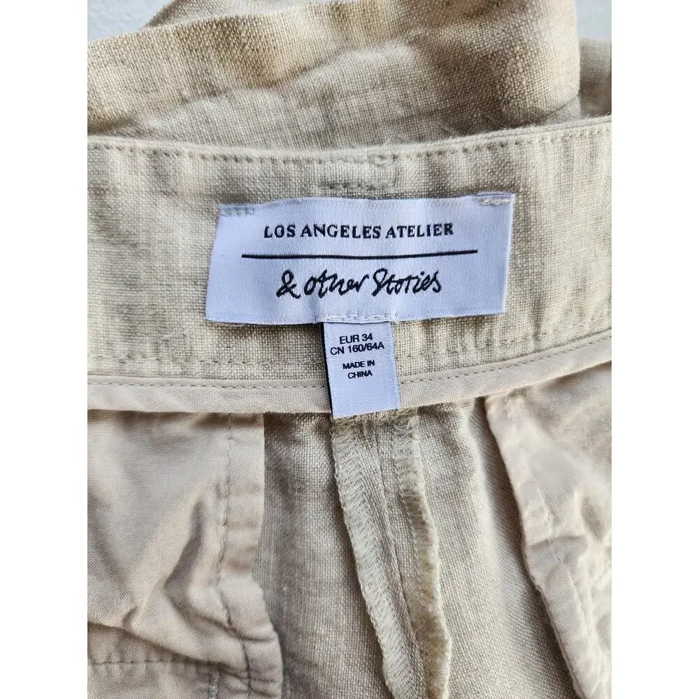 & Other Stories Shorts Womens EUR 34 Beige Linen Pleated Chino High Rise - Picture 9 of 16
